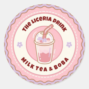 Sticker Rond Logo de thé au lait Boba rose et violet mignon
