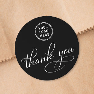Sticker Rond Logo d'entreprise Écriture Élégante Noir Merci
