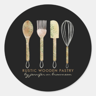 Sticker Rond Logo d'outils de boulangerie mignons Chef Noir