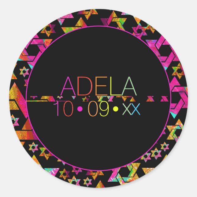 Sticker Rond Logo du Bat mitzvah de typographie PixDezines Neon (Devant)