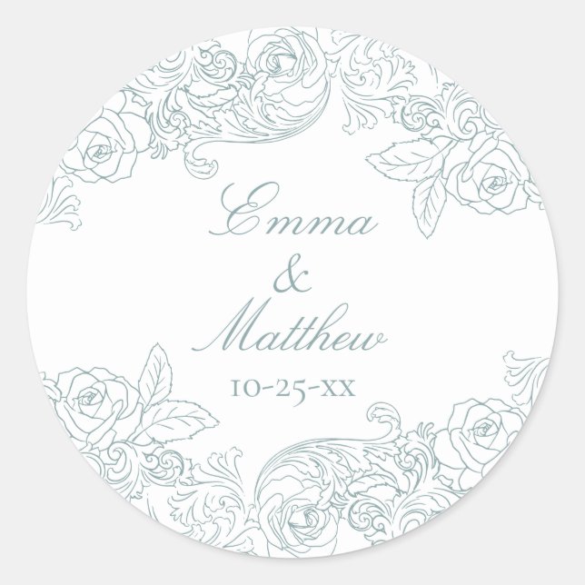 Sticker Rond Logo du Mariage Baroque Circulaire Dusty Blue (Devant)