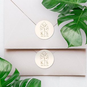 Sticker Rond Logo du Mariage Monogramme Monstera Personnalisé