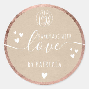 Sticker Rond logo écriture manuscrite amour coeurs kraft or ros