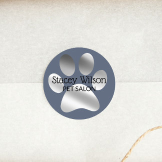 Sticker Rond Logo Empreinte de patte Faux Silver Foil En Bleu