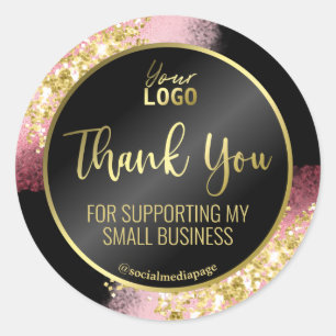 Sticker Rond Logo en Merci noir Parties scintillant or rose