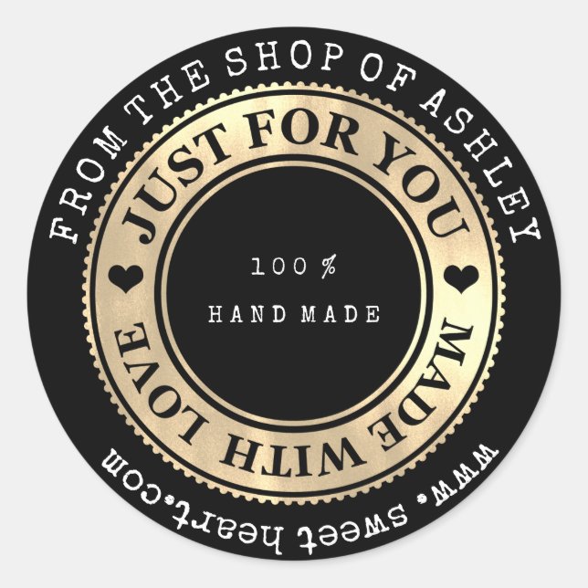 Sticker Rond Logo fait main Nom Web Heart Love Black Gold (Devant)