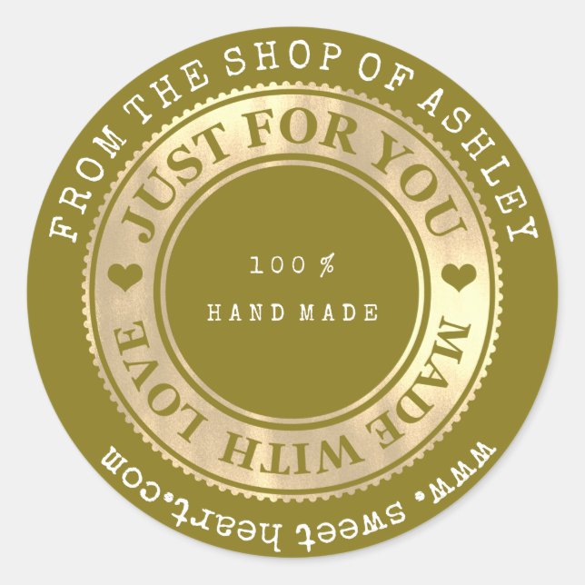 Sticker Rond Logo fait main Nom Web Heart Love Mustard Gold (Devant)
