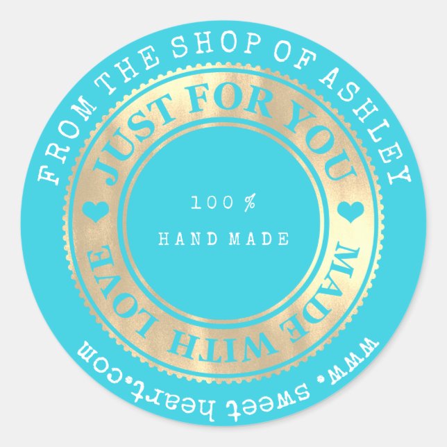 Sticker Rond Logo fait main Nom Web Heart Love Ocean Blue Gold (Devant)