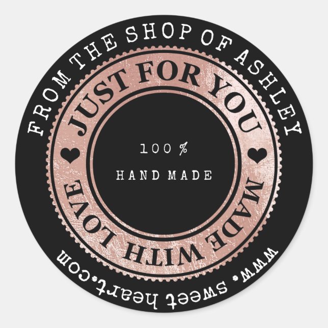 Sticker Rond Logo fait main Nom Web Heart Love Rose Gold Wow (Devant)