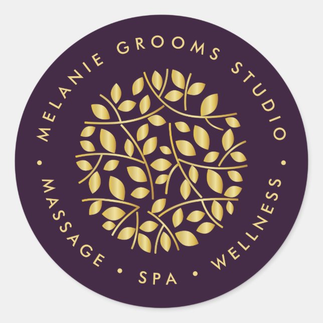 Sticker Rond Logo feuille or Purple wellness massage yoga spa (Devant)