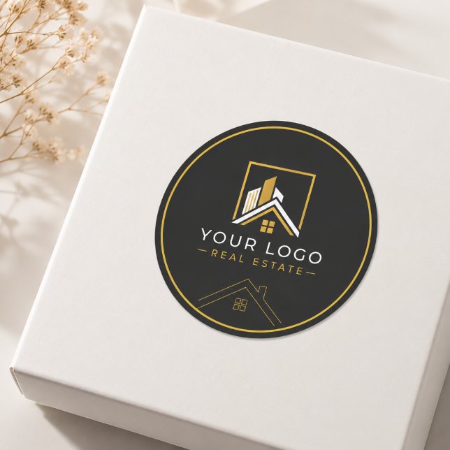 Sticker Rond Logo Immobilier Luxe Noir Or (Luxury Real Estate Logo Sticker for Realtor Branding & Packaging)