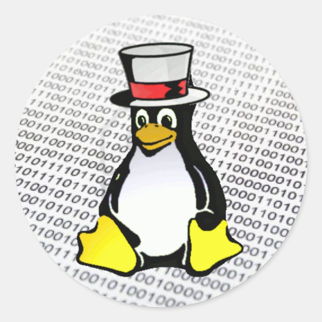 Sticker Rond Logo Linux Tux Penguin Top Hat Binary Ubuntu (Devant)