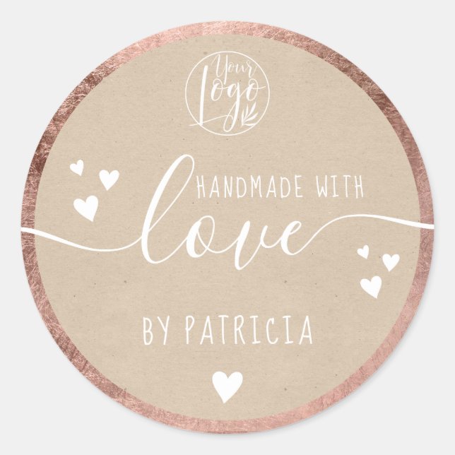 Sticker Rond logo manuscrit coeur or rose kraft fait main (Devant)