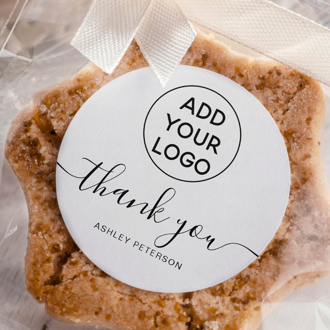 Sticker Rond logo Merci typographie simple noir blanc (Thank you typography logo simple black white classic round sticker)