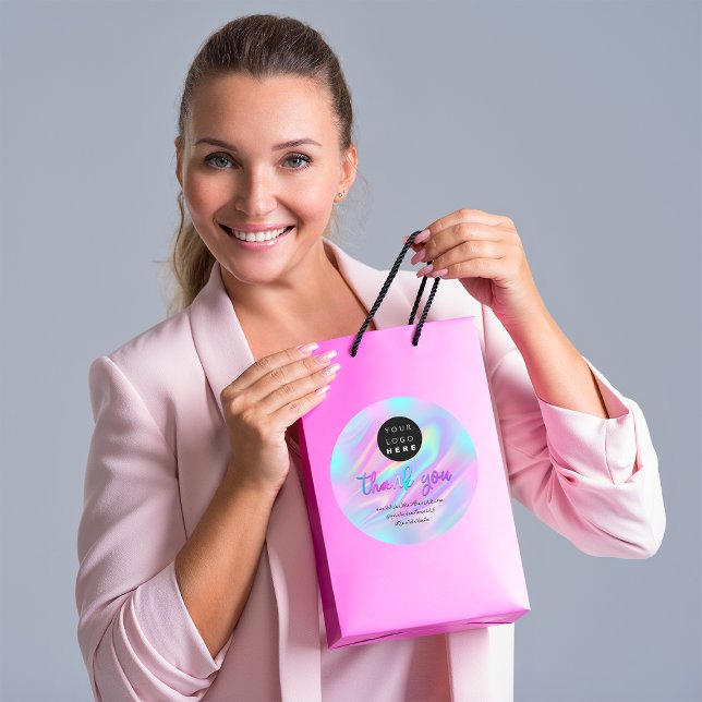 Sticker Rond Logo Nom de la société Merci Holographe Pastel Ros (Logo Company Name Thank You Holograph Pastel Pink Classic Round Sticker)