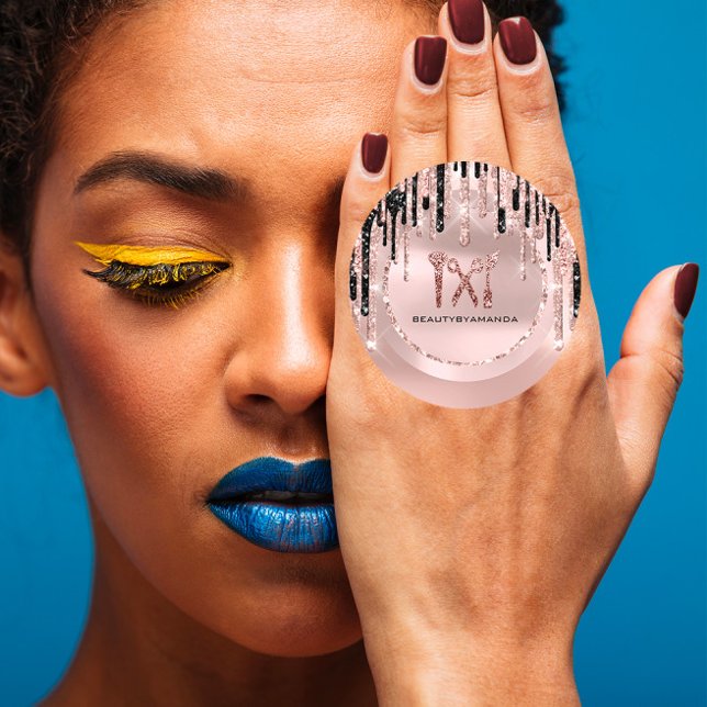 Sticker Rond Logo Nom Maquilleuse Artiste  Gouttes Rose Paillet (Logo Name Hair Makeup Artist Drips Rose Glitter Classic Round Sticker)