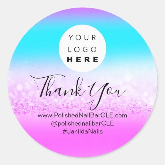 Sticker Rond Logo Nom Merci Parties scintillant Shopping Hologr (Devant)