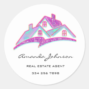 Sticker Rond Logo Personnalisé Agent Immobilier Maison Rose Ble