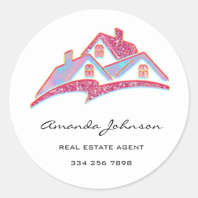 Sticker Rond Logo Personnalisé Agent Immobilier Maison Rose Ble (Devant)