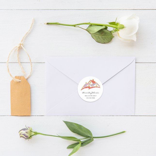 Sticker Rond Logo Personnalisé Agent Immobilier Maison Rose Ora (Custom Logo House Real Estate Agent Pink Orange Classic Round Sticker)