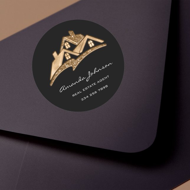 Sticker Rond Logo Personnalisé Maison Agent Immobilier Gold Squ (Custom Logo House Real Estate Agent Gold Black Squ Classic Round Sticker)