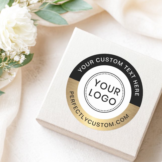Sticker Rond Logo personnalisé texte noir bordure dorée (Round sticker with black and faux golden border and your custom logo and text)