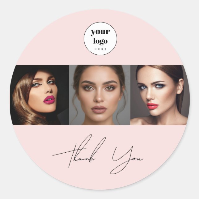Sticker Rond Logo Photo Maquillage Merci Blush Rose Script (Devant)