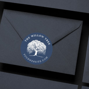 Sticker Rond Logo Rustic Modern Navy Blue & White Willow Tree