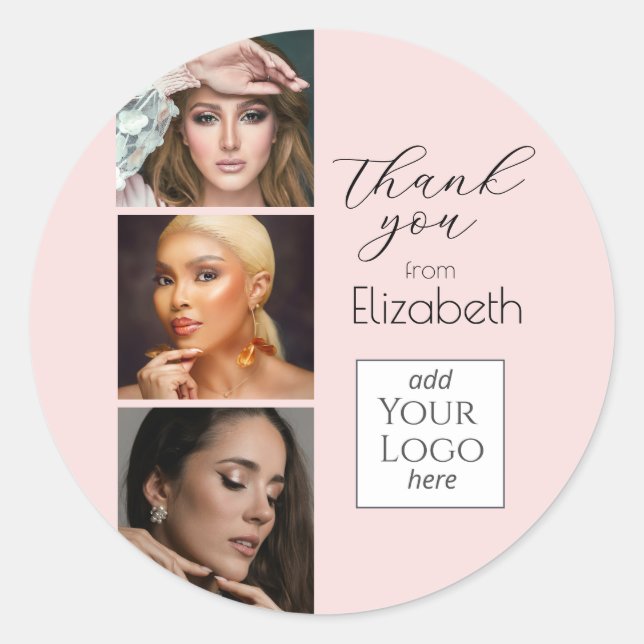 Sticker Rond Logo Script Rose Pâle 3 Photo Maquillage Merci (Devant)
