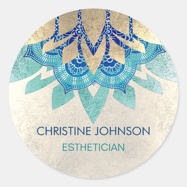 Sticker Rond logo turquoise bleu en faux or lotus (Devant)