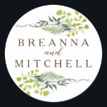 Sticker Rond Loin d'Eucalyptus Hand-Drawn Greenery Wedding<br><div class="desc">Cadre de verdure dessiné à la main d'origine de fougères à cheveux maigres,  feuilles de poivriers et d'eucalyptus au dollar argenté. (customisez la couleur arrière - plan à l'un de vos choix); illustration originale de Becky Nimoy.</div>
