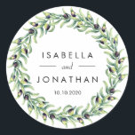 Sticker Rond L'Olivier | Personnalisation du mariage rustique<br><div class="desc">Scellez vos enveloppes ou faveurs d'invitation avec ces élégants autocollants de mariage botanique avec vos noms et dates encadrés par une couronne de branches d'oliviers luxuriantes et feuilles en aquarelle verte douce. Conçu pour coordonner avec notre collection de mariages The Olive Grove.</div>