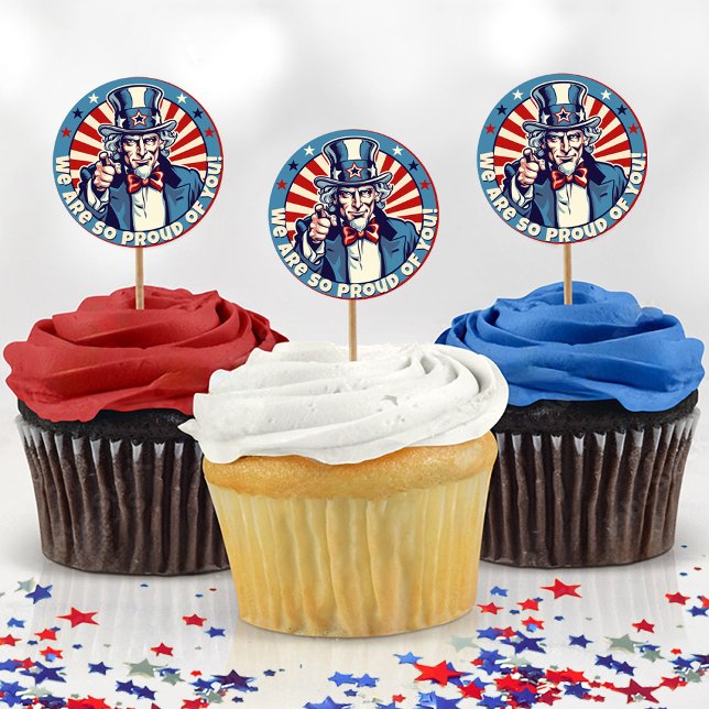 Sticker Rond L'Oncle Sam Militaire S'Éloigne Du Parti Cupcake P (Cute vintage uncle sam cartoon patriotic military proud YOU going away farewell party cupcake picks)