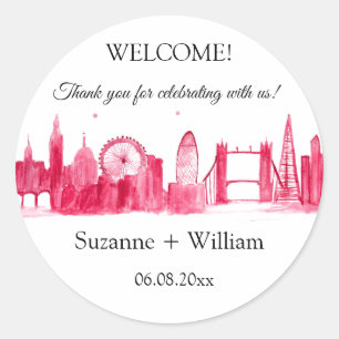 Sticker Rond Londres Angleterre skyline Pink Favors Mariage