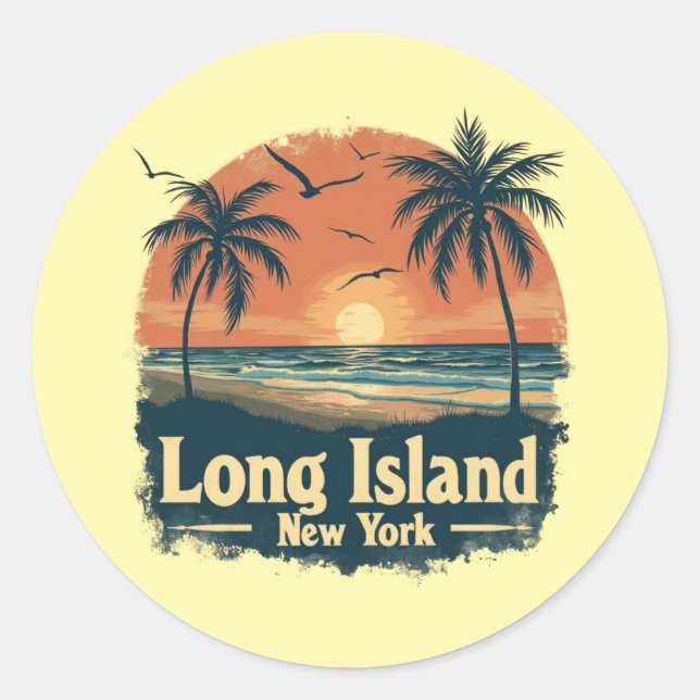 Sticker Rond Long Island New York Retro Beach Vibes (Devant)