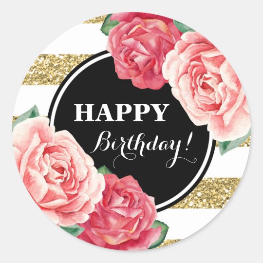 Sticker Rond L Or De Noir De Joyeux Anniversaire Barre Floral Zazzle Fr