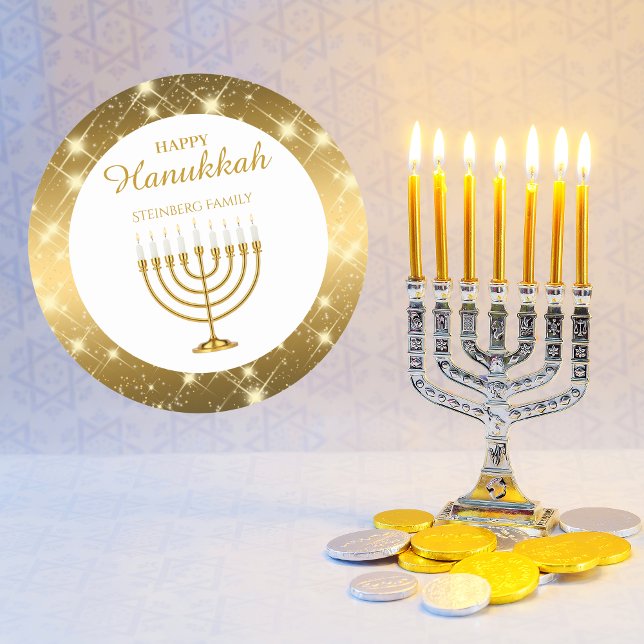 Sticker Rond L'or et la Menorah blanche Juif Joyeux Hanoukka (Créateur téléchargé)