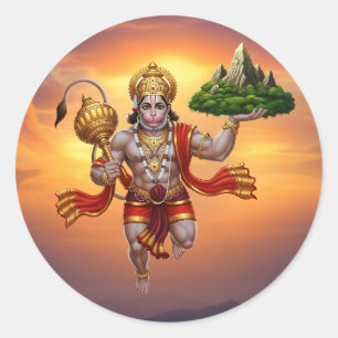 Sticker Rond Lord Hanuman Flying Lifting Mountain