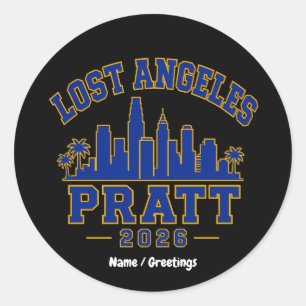 Sticker Rond Lost Angeles Pratt 2026 Skyline Varsity Rétro Bleu