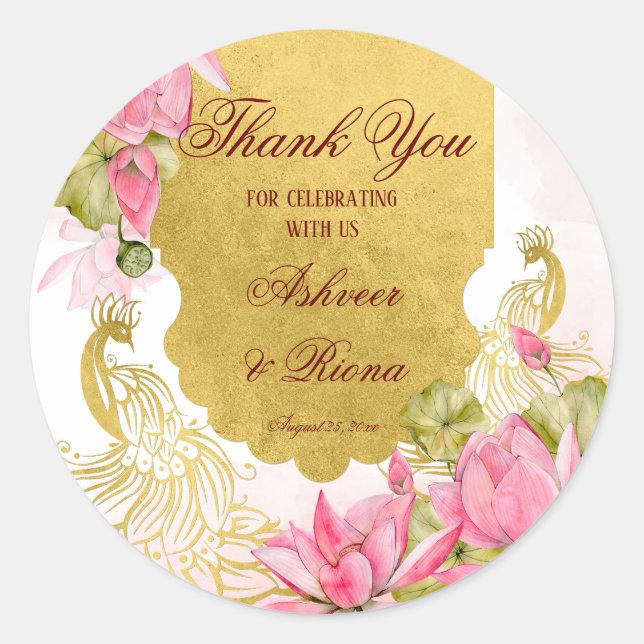 Sticker Rond Lotus de paon rose et or mariage indien (Devant)
