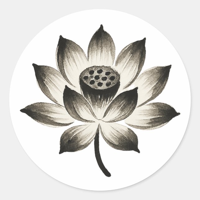 Sticker Rond Lotus gracieux - Fleur de pinceau d'encre sur (Devant)