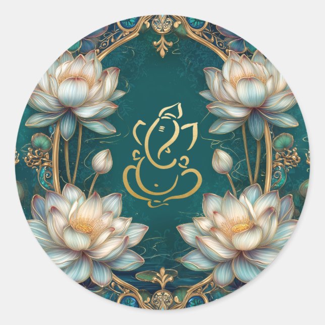 Sticker Rond Lotus Indian Ganesh Hindu Dieu Mariage | Or vert (Devant)