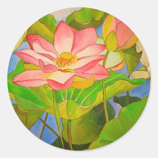 Sticker Rond Lotus rose nénuphar aquarelle peinture (Devant)