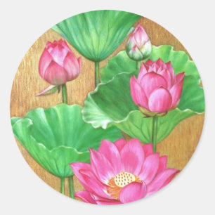 Sticker Rond Lotus rose sur l'arrière - plan de peinture d'or