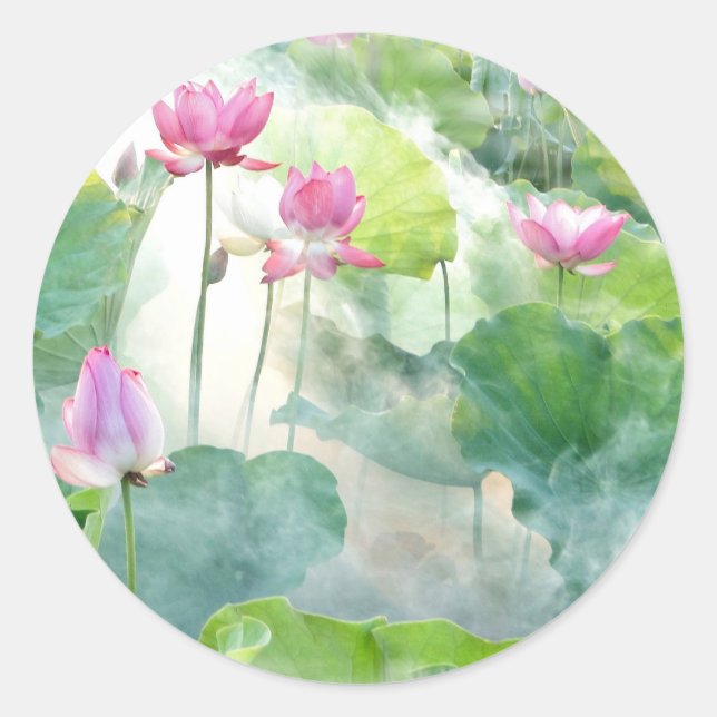 Sticker Rond Lotus Summer, vivace aquatique rose pastel (Devant)