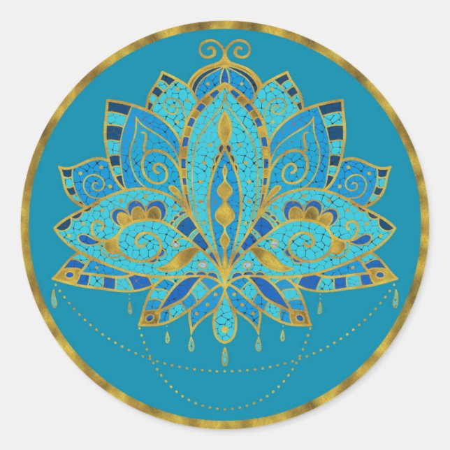Sticker Rond Lotus Turquoise bleu aux accents dorés (Devant)