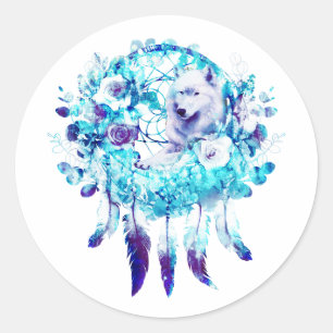 Sticker Rond Loup blanc Dreamcatcher bleu violet Floral