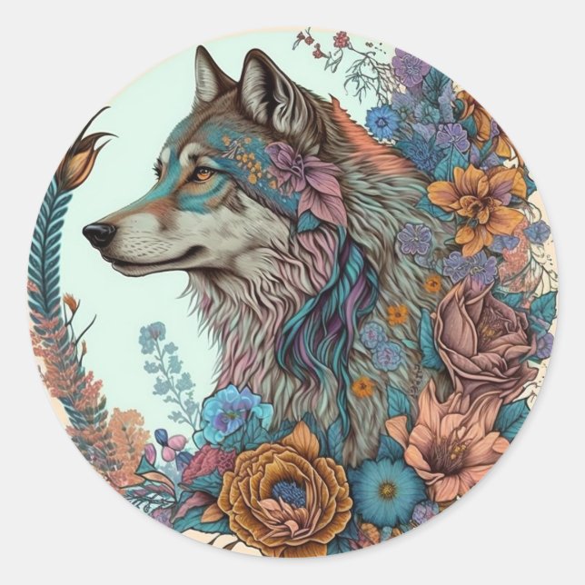 Sticker Rond Loup Coloré Avec Fleurs (Devant)