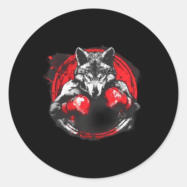 Sticker Rond Loup de boxe avec gants de boxe Kickboxing Drôle B (Devant)