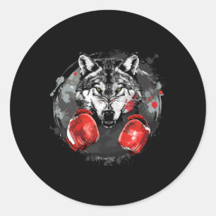 Sticker Rond Loup de boxe avec gants de boxe Kickboxing Drôle B